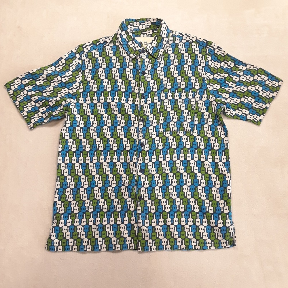 Vintage Silk Brand Mens Guitar Print Short Sleeve Button Shirt Med Green Blue